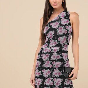 Lulu's Black One-Shoulder Midi Dress with Pink Floral Print